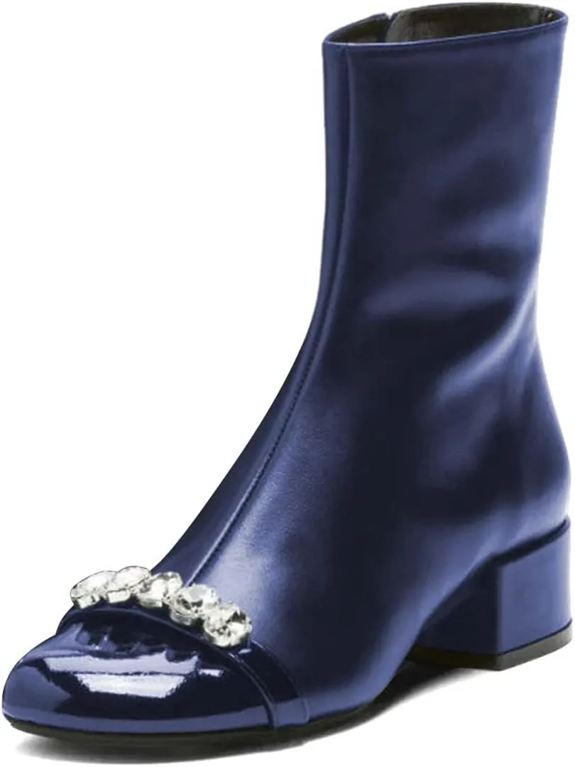 XYD Women Round Cap Toe Ankle Boots with Diamond Crystals Chunky Low Heels Side Zip Booties Party Casual Shoes