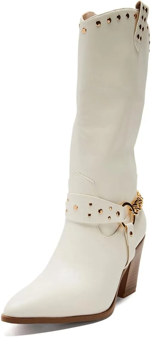 XYD Women's Stacked Cork Heel Knee High Boots Ankle Chain Strap Pointed Toe Golden Studs Outdoor Booties Shoes with Zip