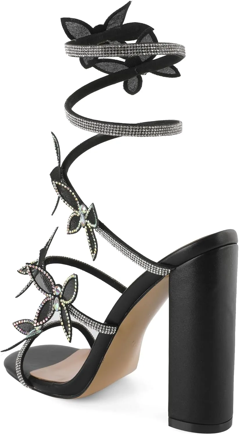 YODEKS Rhinestone Butterfly Heels Sandals Open Toe Chunky Heel Women's Shoes