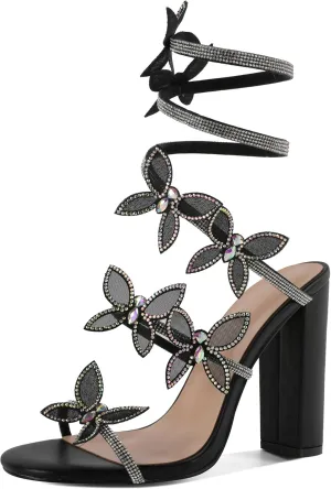YODEKS Rhinestone Butterfly Heels Sandals Open Toe Chunky Heel Women's Shoes