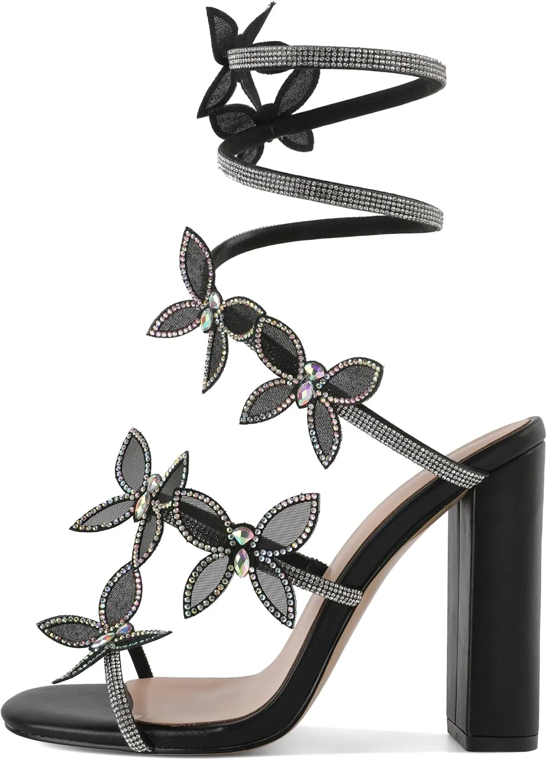 YODEKS Rhinestone Butterfly Heels Sandals Open Toe Chunky Heel Women's Shoes
