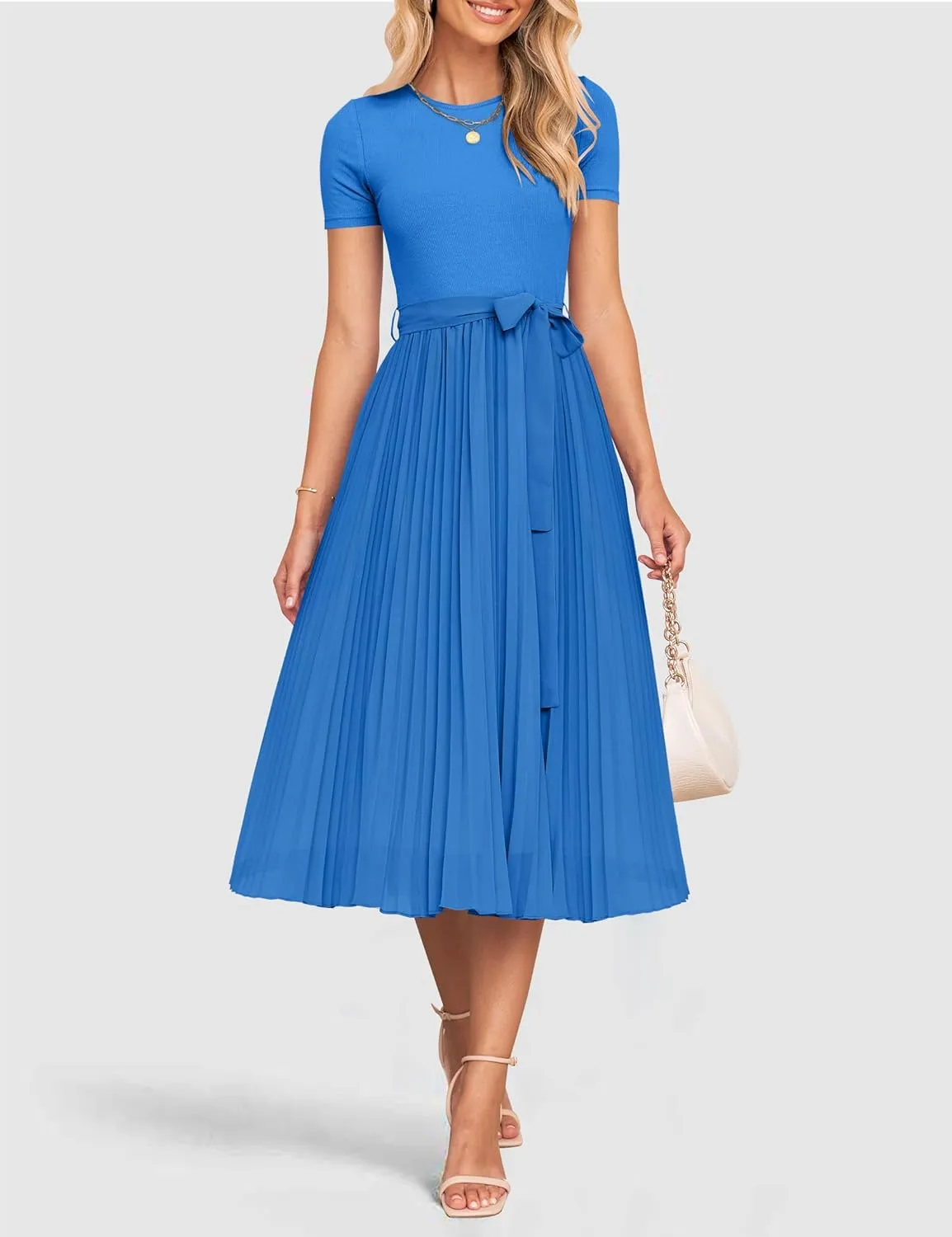 ZESICA Womens 2025 Summer Short Sleeve Midi Dresses Casual Crew Neck Knit Belted Pleated A Line Flowy Wedding Guest Dress