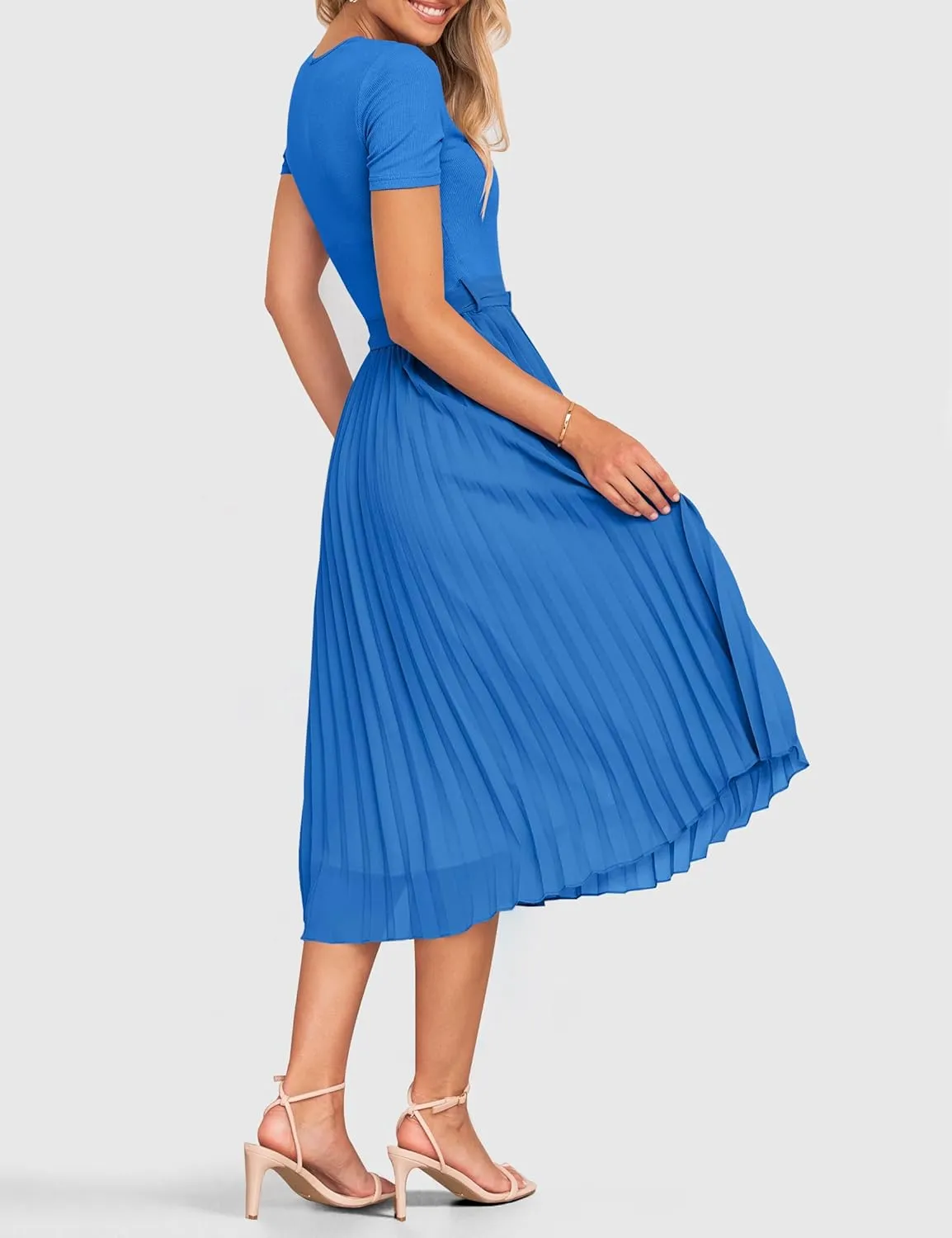 ZESICA Womens 2025 Summer Short Sleeve Midi Dresses Casual Crew Neck Knit Belted Pleated A Line Flowy Wedding Guest Dress