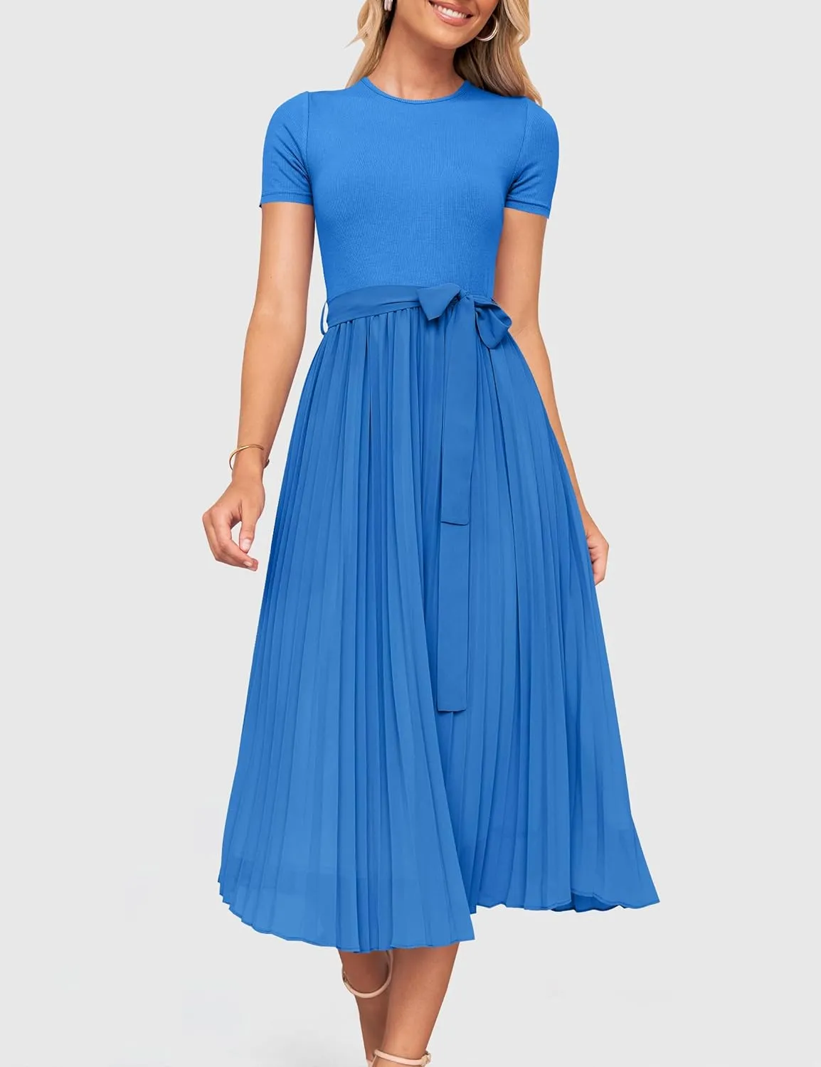 ZESICA Womens 2025 Summer Short Sleeve Midi Dresses Casual Crew Neck Knit Belted Pleated A Line Flowy Wedding Guest Dress