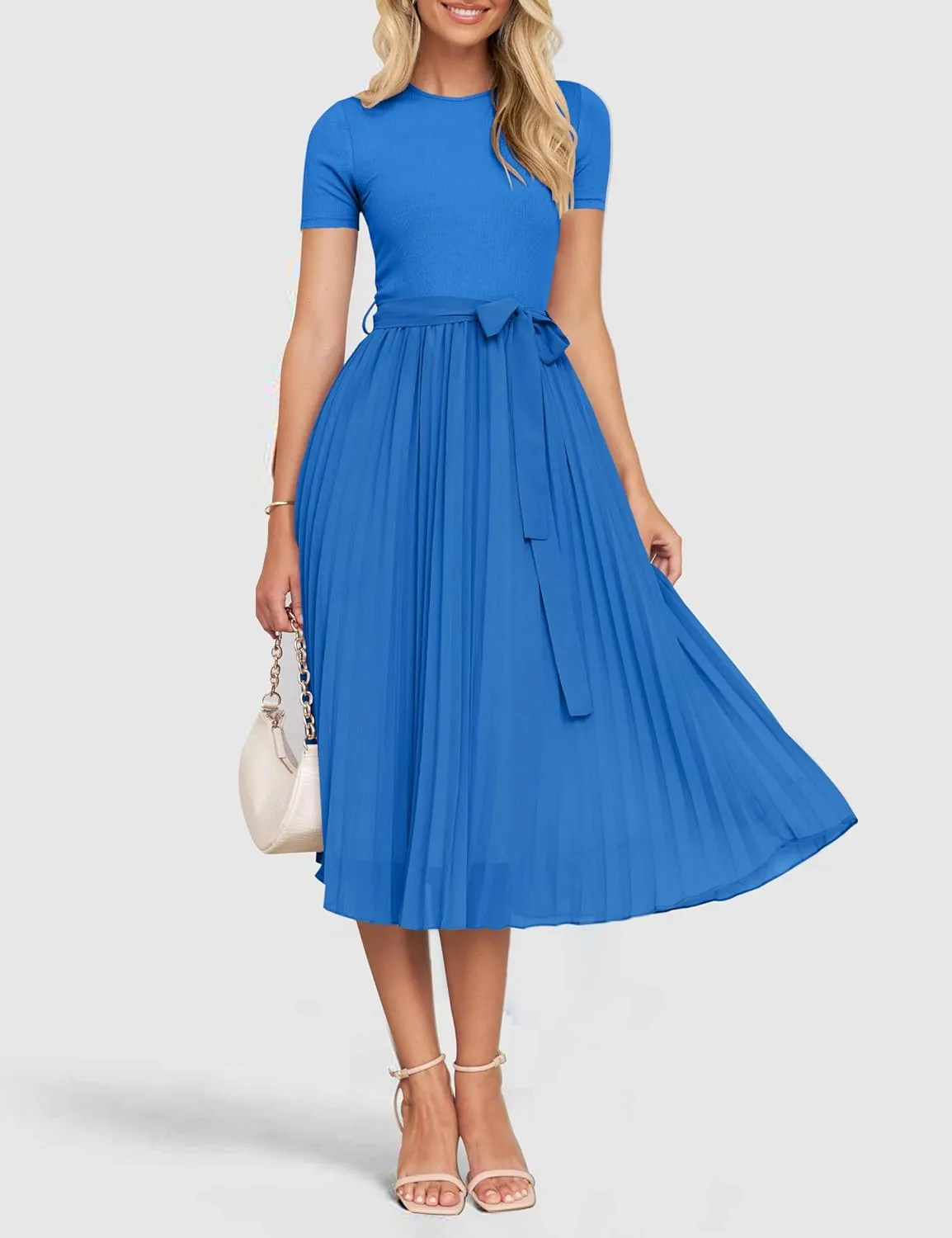 ZESICA Womens 2025 Summer Short Sleeve Midi Dresses Casual Crew Neck Knit Belted Pleated A Line Flowy Wedding Guest Dress