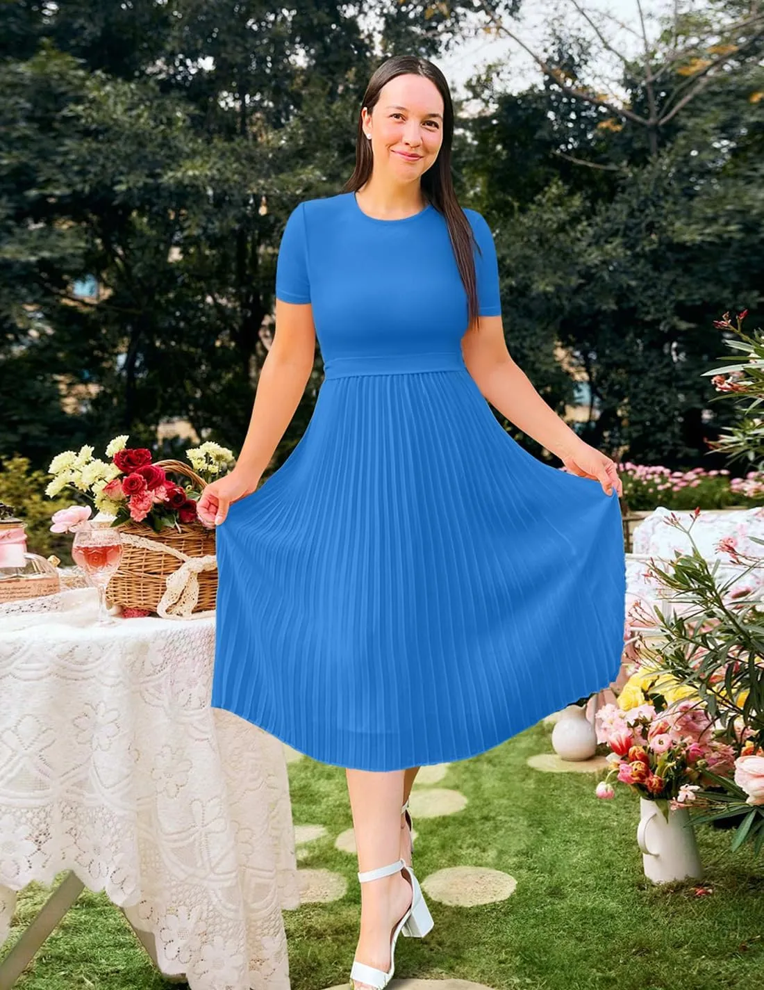 ZESICA Womens 2025 Summer Short Sleeve Midi Dresses Casual Crew Neck Knit Belted Pleated A Line Flowy Wedding Guest Dress