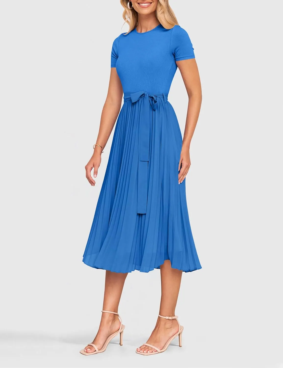ZESICA Womens 2025 Summer Short Sleeve Midi Dresses Casual Crew Neck Knit Belted Pleated A Line Flowy Wedding Guest Dress