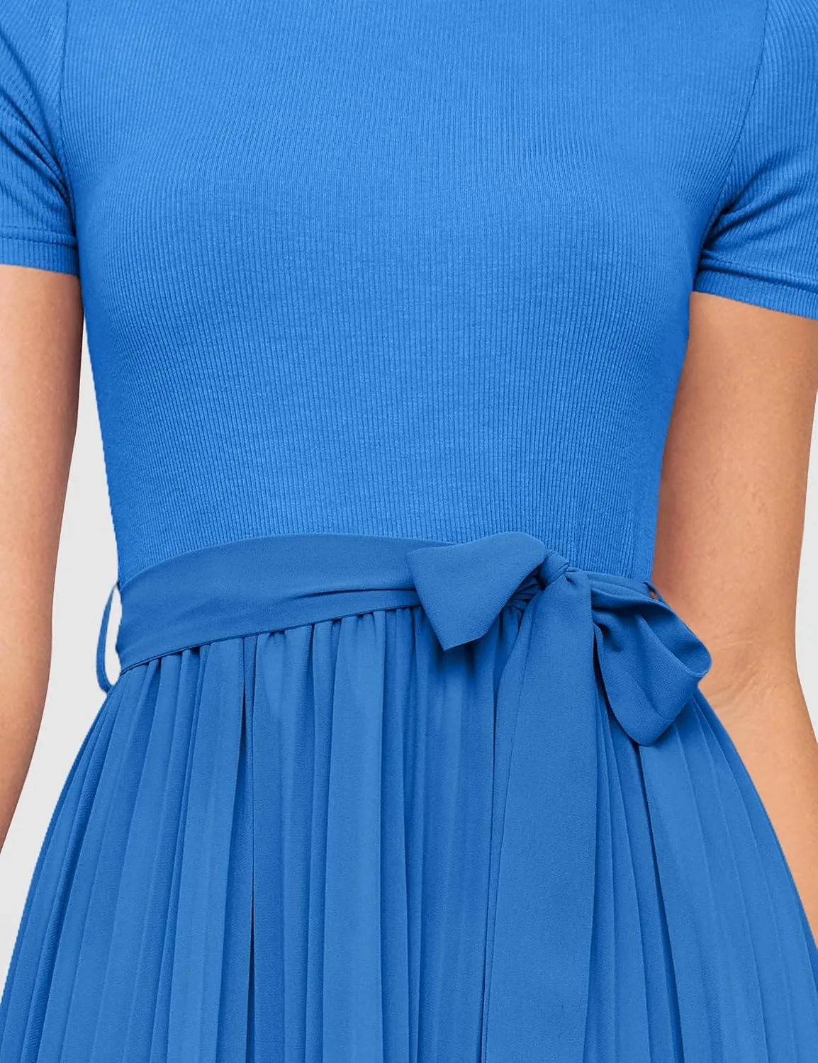 ZESICA Womens 2025 Summer Short Sleeve Midi Dresses Casual Crew Neck Knit Belted Pleated A Line Flowy Wedding Guest Dress