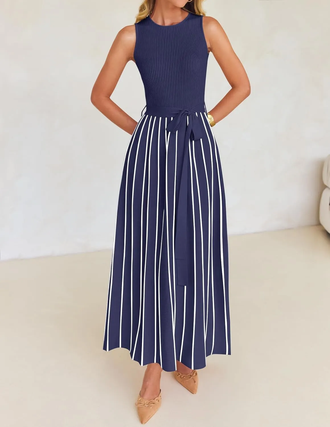 ZESICA Women's Summer Sleeveless Midi Dress 2025 Crewneck Ribbed Knit Tie Waist Casual A Line Swing Dresses