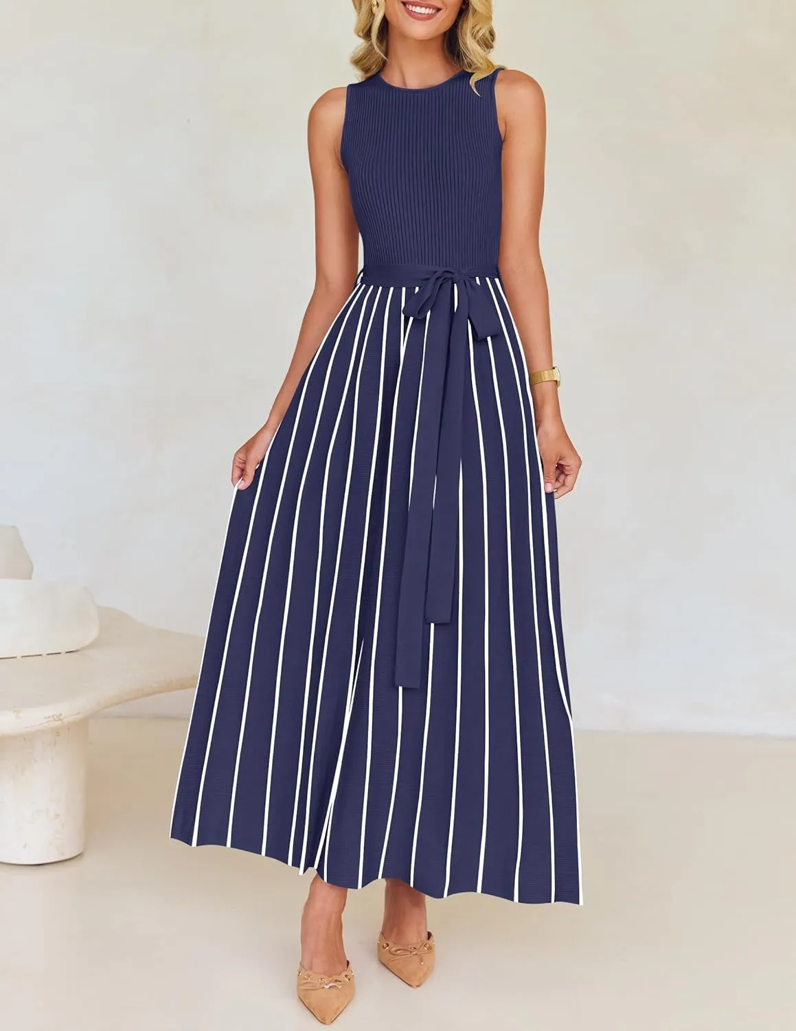 ZESICA Women's Summer Sleeveless Midi Dress 2025 Crewneck Ribbed Knit Tie Waist Casual A Line Swing Dresses