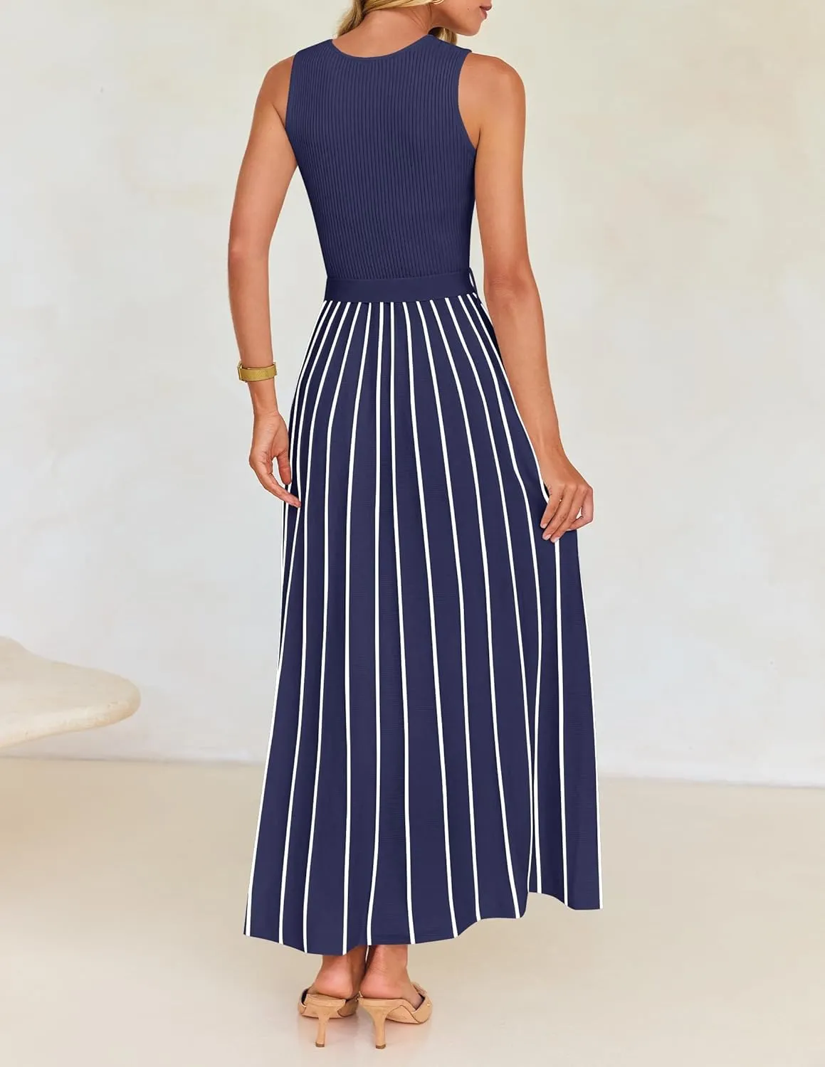 ZESICA Women's Summer Sleeveless Midi Dress 2025 Crewneck Ribbed Knit Tie Waist Casual A Line Swing Dresses