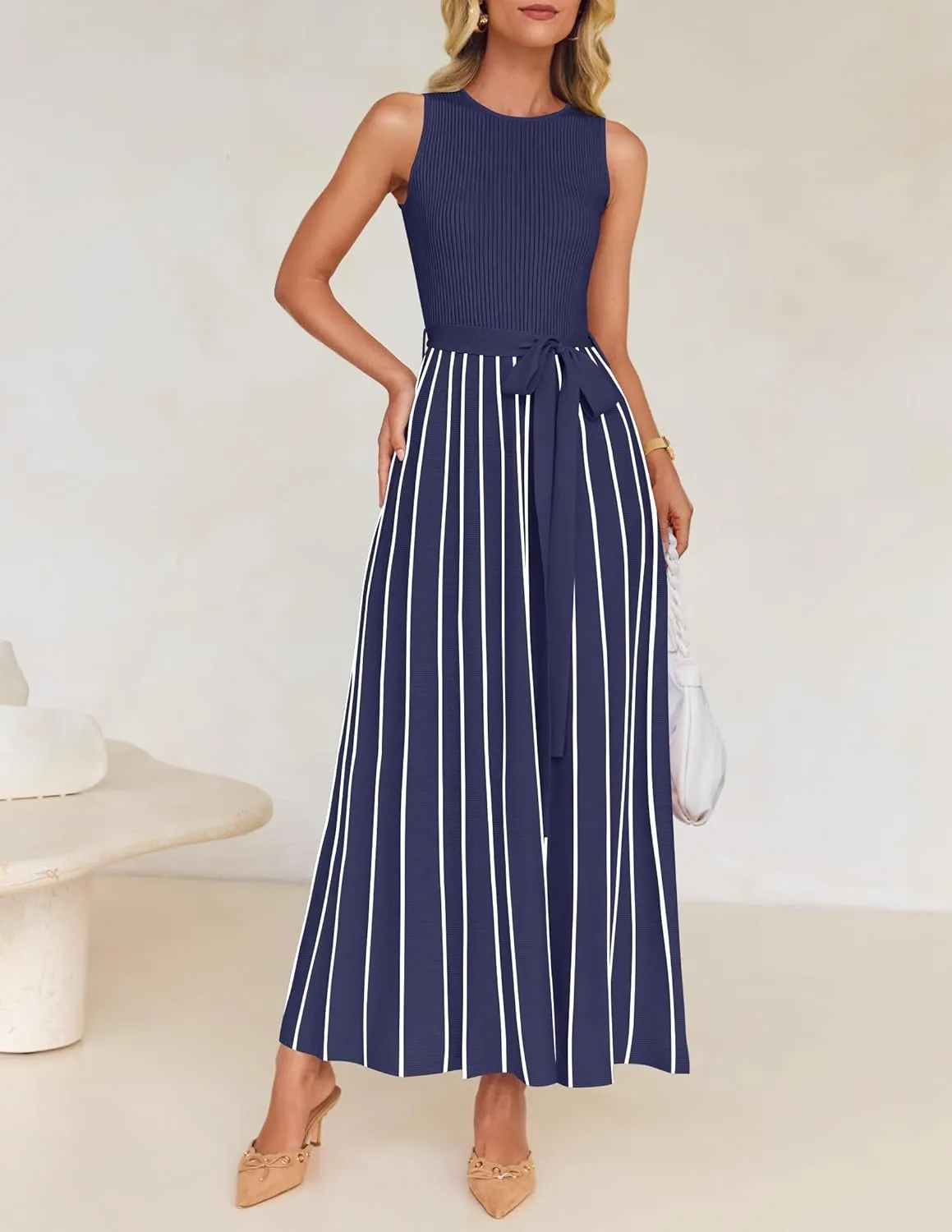 ZESICA Women's Summer Sleeveless Midi Dress 2025 Crewneck Ribbed Knit Tie Waist Casual A Line Swing Dresses