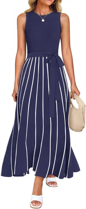 ZESICA Women's Summer Sleeveless Midi Dress 2025 Crewneck Ribbed Knit Tie Waist Casual A Line Swing Dresses