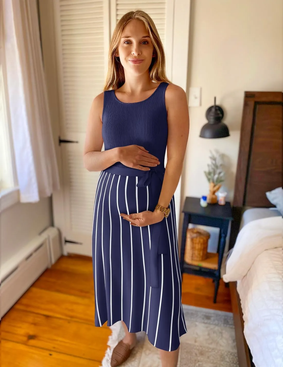 ZESICA Women's Summer Sleeveless Midi Dress 2025 Crewneck Ribbed Knit Tie Waist Casual A Line Swing Dresses