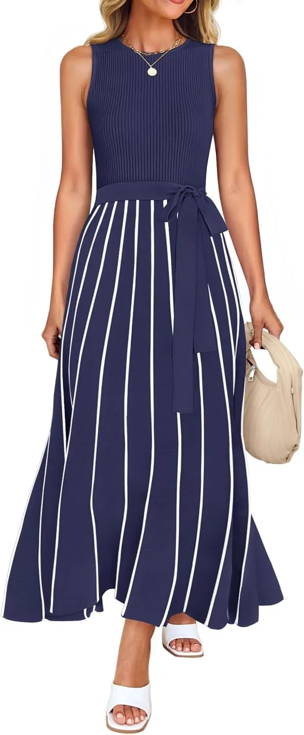 ZESICA Women's Summer Sleeveless Midi Dress 2025 Crewneck Ribbed Knit Tie Waist Casual A Line Swing Dresses